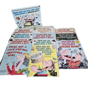 There Was An Old Lady Who Swallowed.. Boxed Set Of 10 Books + 1 Sticker Book EUC